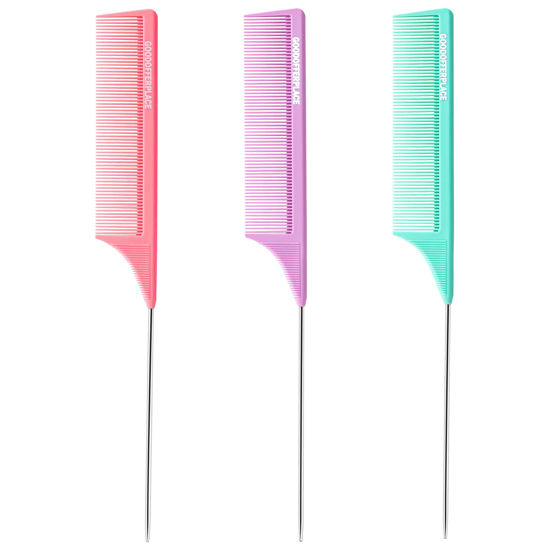 Picture of Goodofferplace 3PCS Hair Rat Tail Combs Parting Rattail Combs Teasing Fine Tooth Comb Metal Hair Pick Detangling Combs Set for Women,Girls(Pink Purple Green)