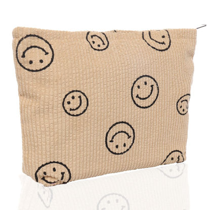 Picture of Wudimeitt Makeup bag Cosmetic bag Corduroy Travel makeup bag smiley face Toiletry bag for women travel essentials (Khaki)