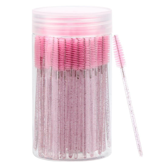 Picture of 100 Pcs Disposable Mascara Wands, Crystal Eyebrow Spoolies Brush for Eyelash Extensions, Pink Lash Brushes with Container