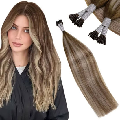 Picture of LAAVOO Balayage Brown Real Hair Extensions ITip 16 Inch Balayage Medium Brown Mix Platinum Blonde Ombre Remy Tip Hair Extensions Human Hair for Women 50g/50s