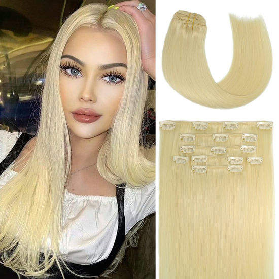 Picture of Honsoo Hair Extensions Clip In Virgin Hair Extensions Balayage Platinum Blonde Seamless Clips 70g 7pcs 15inch Straight Hair Soft Natural Hair(15"#60)