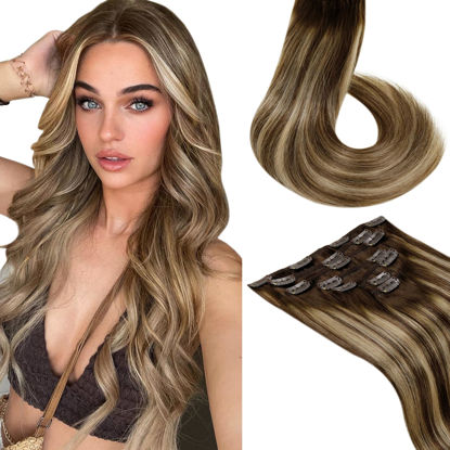 Picture of LaaVoo Brown Hair Extensions Clip in Human Hair Ombre Dark Brown to Caramel Brown Mixed Brown Real Human Hair Clip in Extensions for Short Hair 12 inch 5pcs 80 grams