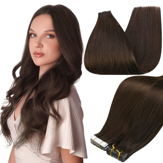 Picture of Full Shine Tape in Real Human Hair 16 Inch Dark Brown Color Seamless Extensions Skin Weft Double Sided Tape Hair Extensions 20 Pieces 50 Gram Per Package