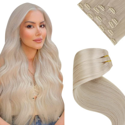 Picture of LaaVoo Blonde Human Hair Clip in Extensions Platinum Blonde Remy Hair Extensions Clip ins #60 White Blonde Real Human Hair Extensions for Short Hair 12inch 5pcs/80g