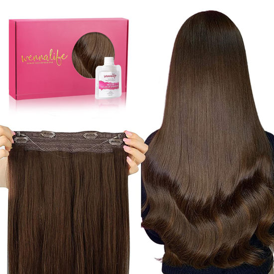 Picture of WENNALIFE Wire Hair Extensions (Increase 50% Lifespan) Real Human Hair 12 inch 70g Chocolate Brown Remy Wire Hair Extensions Invisible Transparent Fish Line Straight Real Hair Extensions