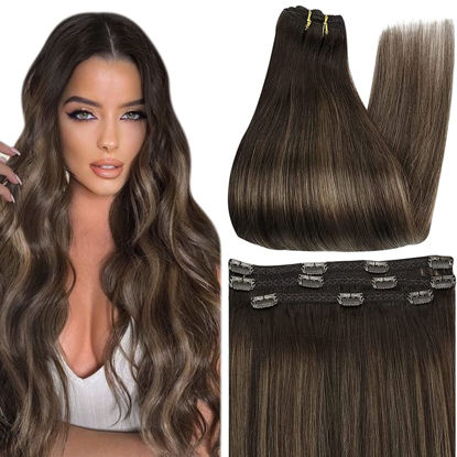 Full Shine Sew in Hair Extensions Real Human Hair 22 Inch Weft Extensions  Real Remy Hair Color 2 Dark Brown Double Weft Full Head Set Straight Hair  Weaves 105 G…