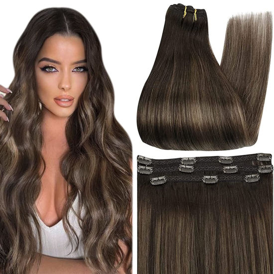 Picture of Full Shine Dark Brown Clip in Hair Extensions Balayage Dark Brown to Brown With Ash Brown Clip in Real Hair for Thin Hair Invisible Clip in Extensions Double Weft 3Pcs/60G 16 Inch