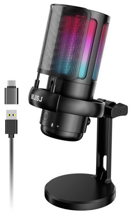 Picture of NJSJ USB Microphone, Condenser Gaming Mic for PC,PS4,PS5 and Mac,Computer Desktop Microphone with RGB Lights,Mute Button,Gain Control,Headphones Jack for Streaming,Podcast,YouTube