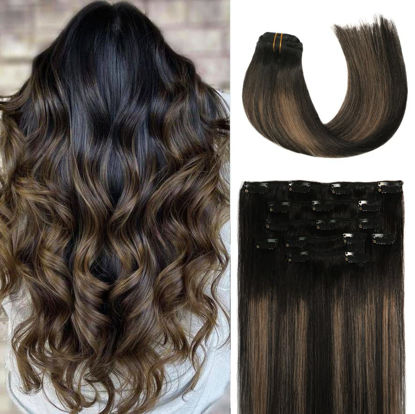 Picture of Honsoo Real Human Hair Clip In Hair Extensions 70g Natural Black to Chestnut Brown 7pcs 15in Silky Straight Hair Double Weft No Shedding For Full Head (15"#1BT6P1B)