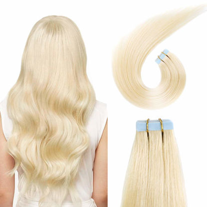 Picture of SUYYA Tape in Hair Extensions Bleach Blonde 100% Real Human Hair 16 inches 20pcs 40g/pack Straight Seamless Skin Weft Tape in Remy Hair Extensions(16 inches 613#)