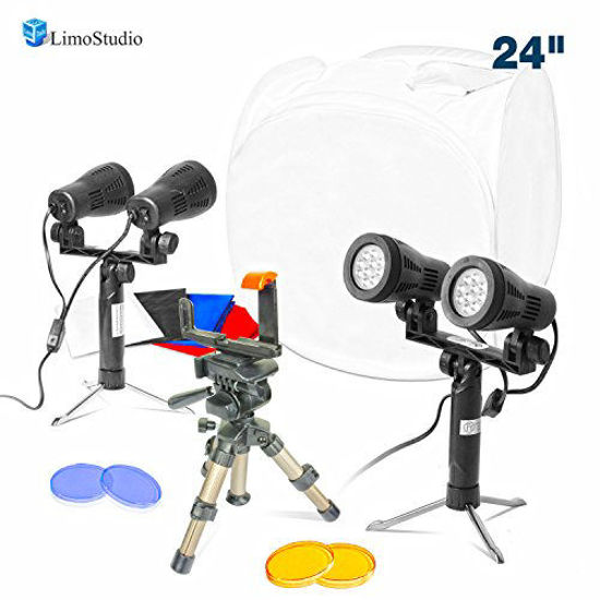 Picture of LimoStudio Table Top Photo Shooting Kit with 24” Softbox Shooting Cube Tent, Double Head LED Light & Color Gel Filters, Adjustable Portable Tripod, and Cellphone Holder Adapter, AGG2728