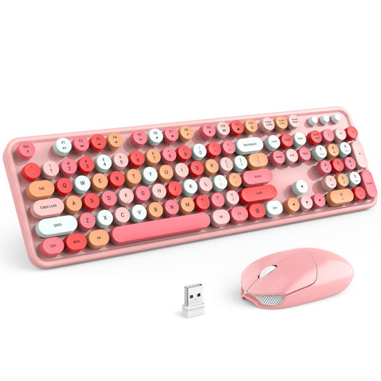 Picture of KNOWSQT Wireless Keyboard and Mouse Combo, Pink 104 Keys Full-Sized 2.4 GHz Round Keycap Colorful Keyboards, USB Receiver Plug and Play, for Windows, Mac, PC, Laptop, Desktop