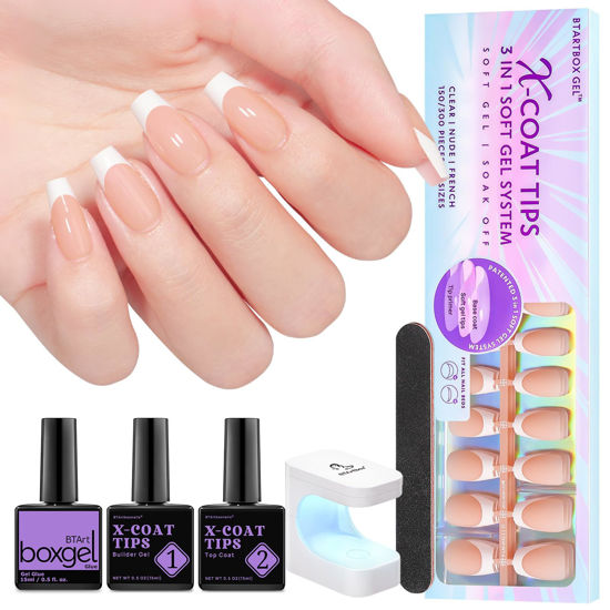 Picture of Soft Gel Nail Kit - BTArtboxnails 3 in 1 X-coat Tips French Tips Press on Nails Short Coffin 160pcs Nude, Included Gel Nail Glue, Builder Gel, Top Coat, Nail Lamp and Nail File Nail Extension Kit