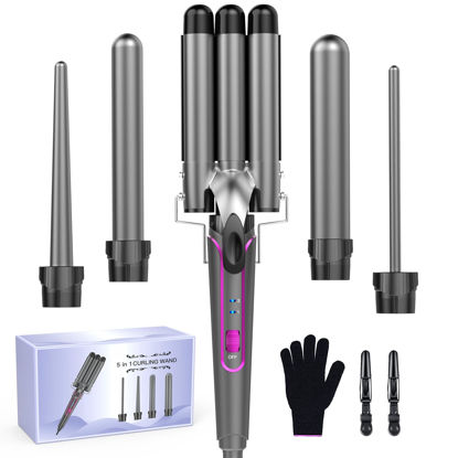 Picture of Waver Curling Iron Curling Wand - BESTOPE PRO 5 in 1 Curling Wand Set with 3 Barrel Hair Crimper for Women, Fast Heating Crimper Wand Curler in All Hair Type - Gray