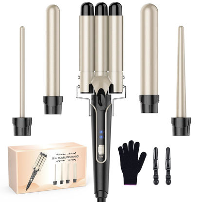 Picture of Waver Curling Iron Curling Wand - BESTOPE PRO 5 in 1 Curling Wand Set with 3 Barrel Hair Crimper for Women, Fast Heating Crimper Wand Curler in All Hair Type - Gold