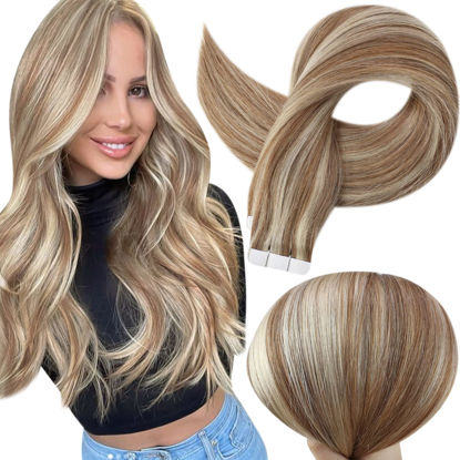 Picture of Full Shine Tape in Extensions Invisible 16 Inch Tape in Hair Extensions Human Hair Double Sided Tape Hair 10P613 Golden Brown Highlighted Bleach Blonde Glue in Hair Extensions 50 Gram 20pcs