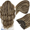 Picture of Sunny Brown Clip in Hair Extensions Highlights Brown Hair Extensions Clip ins Caramel Brown with Dark Brown Clip in Hair Extensions Real Human Hair 80g 5pcs 12inch