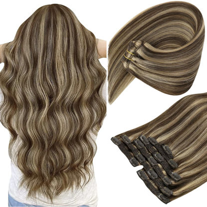 Picture of Sunny Brown Clip in Hair Extensions Highlights Brown Hair Extensions Clip ins Caramel Brown with Dark Brown Clip in Hair Extensions Real Human Hair 80g 5pcs 12inch