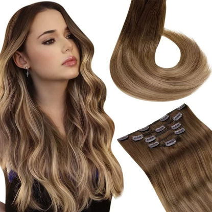 Picture of LaaVoo Hair Extensions Clip ins Ombre Medium Brown to Light Brown Mix Caramel Brown Clip in Real Hair Extensions Human Hair Balayage Real Hair Extensions Straight for Short Hair 12 Inch 80G 5pcs