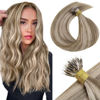 Picture of LAAVOO Balayage Real Human Hair Extensions Nano Ring Hair Extensions Ombre Light Brown Mix Golden Blonde Nano Tips Hair Extensions Real Human Hair Cold Fusion 16 Inch 50g/50s