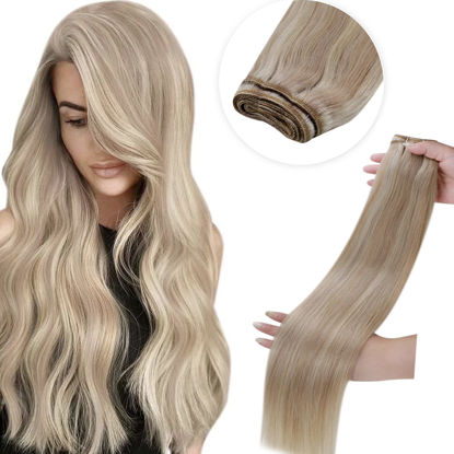 Picture of LAAVOO Weft Human Hair Extensions 12 Inch Sew in Bundle Real Human Hair Ash Blonde Highlight with Light Blonde Sew in Hair Extensions Double Weft 80 Grams