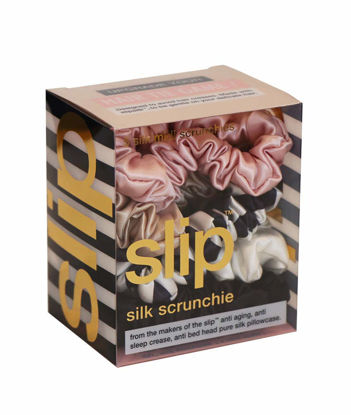 Picture of Slip Silk Midi Scrunchies in Black, White, Navy Stripe, Pink and Caramel - 100% Pure 22 Momme Mulberry Silk Scrunchies for Women - Hair-Friendly + Luxurious Elastic Scrunchies Set (5 Scrunchies)