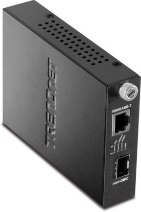 Picture of TRENDnet 100/1000Base-T to SFP Fiber Media Converter, Fiber to Ethernet Converter, RJ-45,Multi(SX) or Single-Mode(LX) 100Base-FX/1000Base-SX/LX Mini-GBIC Slot, Lifetime Protection, TFC-1000MGA,Black, Silver