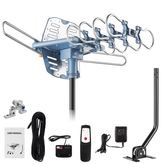 Picture of 150 Miles Range Amplified Digital Outdoor TV Antenna with Mount Pole 4K/1080p High Reception/ 60feet RG6 Coaxial Cable/Support 2TVs Function