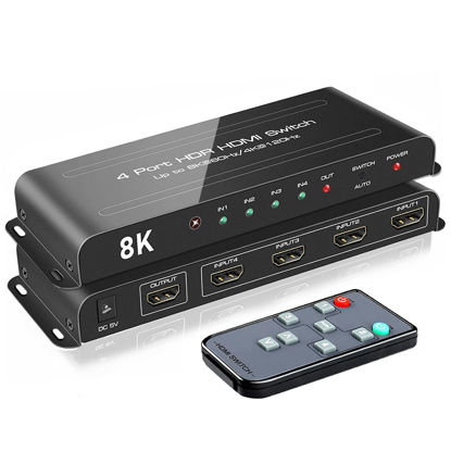 Picture of ROOFULL 4 Ports 8K HDMI 2.1 Switch 4 in 1 Out 8K@60Hz 4K@120Hz HDMI Switcher Selector with Remote Support Auto-Switching 48Gbps HDR 10+ Dolby Vision/Atmos HDCP 2.3 CEC