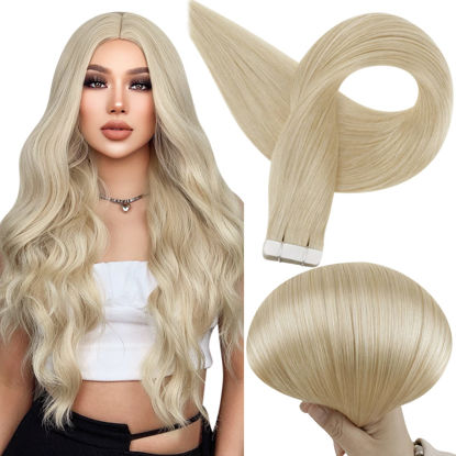 Picture of Full Shine Blonde Tape in Hair Extensions 16 Inch Tape in Human Hair Extensions Color 613 Blonde Seamless PU Tape in Extensions 50 Grams 20 Pieces Skin Weft Tape Hair Invisible