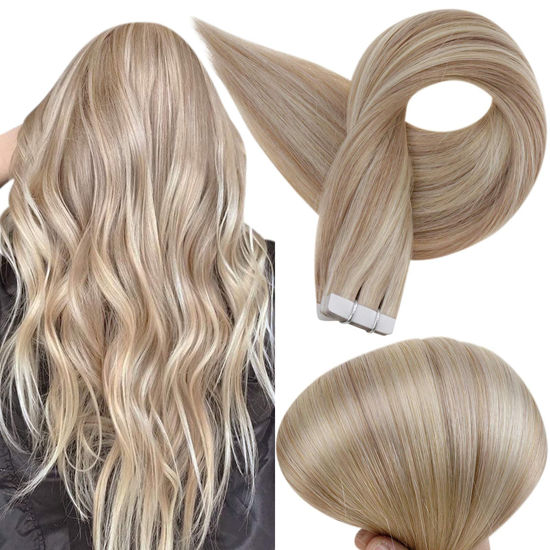 Picture of Full Shine Blonde Tape in Hair Extensions 16 Inch Tape in Real Hair Extensions Highlight Color 18 Ash Blonde Mix With 613 Blonde Real Human Hair Double Side Tape Extensions 50 Grams