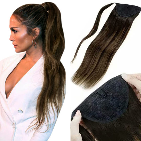 Picture of LAAVOO Clip in Ponytail Hair Extensions Human Hair Balayage Darkest Brown Fading to Light Brown Wrap Around Ponytail Human Hair Extensions 70g 14 Inch