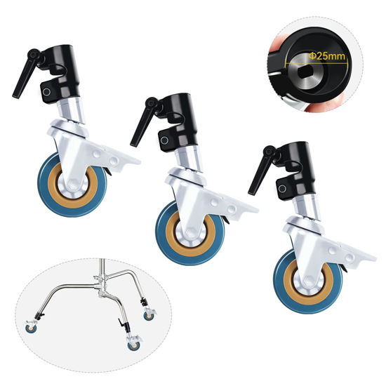 Picture of Photography C Stand Wheels 25mm: Heavy Duty C Stand with Boom Arm Wheel Base, Compatible with Takerers/Neewer and Other 25mm C Stand Legs for Carpet & Hard/Bare/Hardwood/Marble Floors - 3 Pack