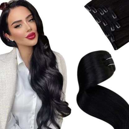 Picture of LAAVOO Jet Black Clip in Hair Extensions Real Human Hair Extensions Black 14 inch Brazilian Hair Extensions Clip in Human Hair Straight for Black Women 80G 5pcs