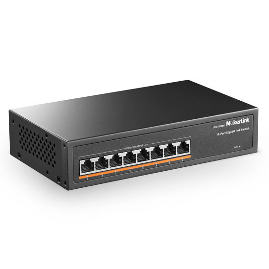 Picture of MokerLink 8 Port Gigabit PoE Switch, 8 PoE+ Ports 1000Mbps, 802.3af/at 120W, Metal Fanless Unmanaged Plug and Play