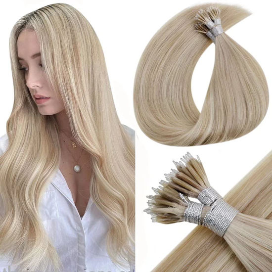 Picture of LaaVoo Nano Hair Extensions Human Hair Ash Blonde Highlight with Bleach Blonde Nano Beads Hair Extensions Brazilian Hair Silky Soft 16 Inch 1g/s 50g