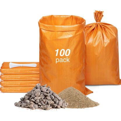 Picture of Remagr 100 Pieces Empty Sandbag 16 x 26 Inch Heavy Duty Sand Bags Woven Polypropylene Bulk with Ties Strings Outdoor UV Protection for Emergency Flooding Hurricane Season Supplies, Orange, 1.0 Count