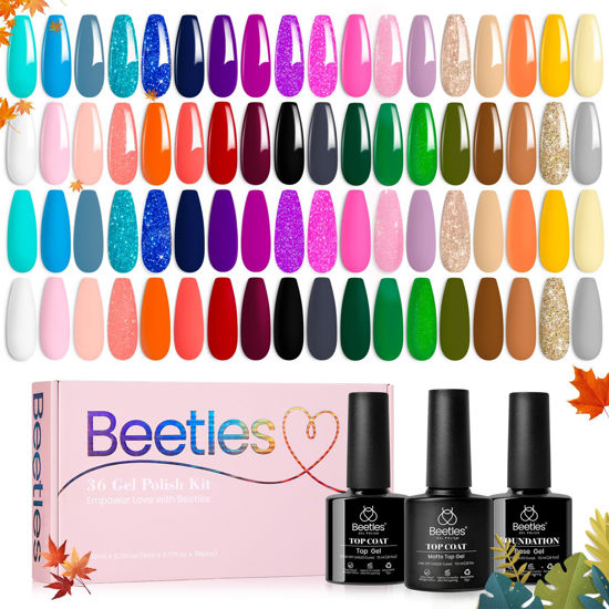 Picture of beetles Gel Polish Set 36 Colors Free Journey Collection Pastel Bright Girly Glitter Green Blue Gel Nail Kits with 3Pcs Matte Top Base Coat Soak off U V Gel Nail Polish Golden Journey for Girls Women