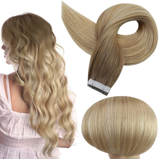 Picture of Full Shine Ombre Tape in Hair Extensions Human Hair 6/27/60 Brown to Honey Blonde And Blonde Human Hair Tape in Extensions Ombre Tape in Human Hair Extensions PU Tape Hair Extensions 16 Inch 50 Gram 20pcs