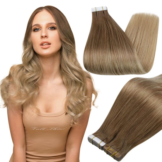 Picture of Full Shine 16 Inch Tape in Hair Extensions Seamless Straight Tape in Extensions Ombre Human Hair Tape ins 50 Gram 20 Pcs Color 10 Golden Brown to 14 Dark Blonde Real Human Hair Extensions