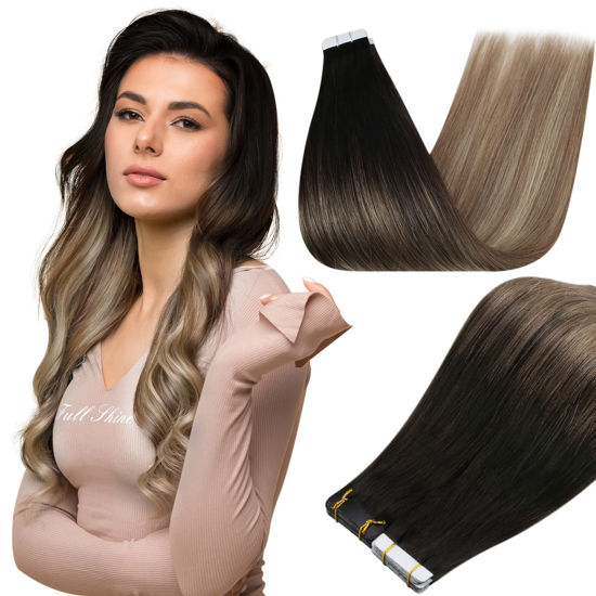 Picture of Full Shine Human Hair Tape in Extensions 16 Inch Glue in Hair Extensions 1B/8/22 Off Black Ombre Brown Highlight with Blonde Skin Weft Extensions 50 Gram Invisible Tape in Hair Extensions Human Hair