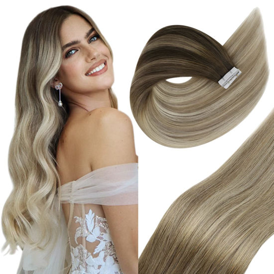 Picture of Sunny Tape in Hair Extensions Real Human Hair Tape in Extensions Ombre Dark Brown to Golden Blonde Mix Platinum Blonde Balayage Tape on Extensions Human Hair 50g 18inch 20pcs