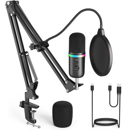 Picture of WMT USB Microphone with Boom Arm, Condenser Gaming Mic for PC/MAC/PS4/PS5, with Brilliant RGB Lighting Headphone Output Volume Control, Mute Button, Pop Filter, for Streaming Podcast YouTube Discord