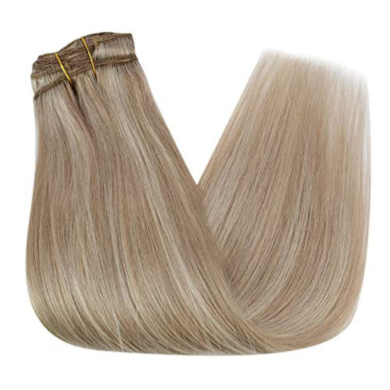 Picture of Sunny Clip in Hair Extensions Real Human Hair Ash Blonde Hair Extensions Clip ins Human Hair Ash Blonde Mix Bleach Blonde with Highlights Real Hair Clip in Extensions Blonde Short Hair 3pcs 14inch 70g