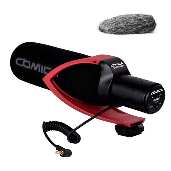 Picture of comica CVM-V30 PRO Camera Microphone Electric Super-Cardioid Directional Condenser Shotgun Video Microphone for Canon Nikon Sony Panasonic DSLR Camera with 3.5mm Jack (Red)