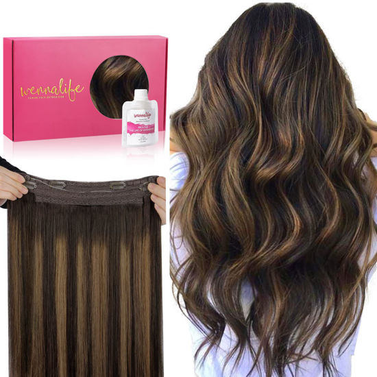 Picture of WENNALIFE Remy Wire Hair Extensions (Increase 50% Lifespan) Real Human Hair 12 inch 70g Balayage Dark Brown to Chestnut Brown Invisible Transparent Fish Line Real Hair Extensions