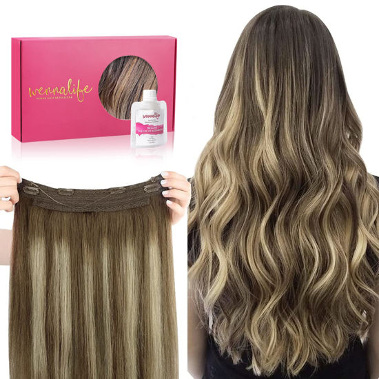 Picture of WENNALIFE Wire Hair Extensions (Increase 50% Lifespan) Real Human Hair 12 inch 70g Balayage Chocolate Brown to Honey Blonde Remy Wire Hair Extensions Invisible Transparent Real Hair Extensions