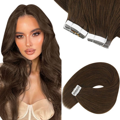 Picture of Sunny Brown Hair Extensions Tape ins Human Hair Invisible Tape in Natural Hair Extensions Chocolate Brown Tape on Human Hair Extensions Brown for Women Skin Weft 20pcs 50g 18inch