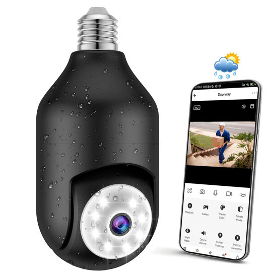 Picture of SYMYNELEC Light Bulb Security Camera Outdoor Waterproof, 2K 4MP 2.4GHz Wireless WiFi Light Socket Security Cam 360 Motion Detection Tracking Color Night Vision 2 Way Talk Works with Alexa (Black)