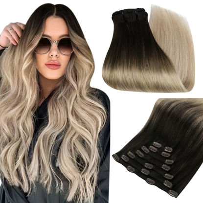 Picture of Full Shine Balayage Clip in Extensions Human Hair Darkest Brown to Ash Blonde Mix Blonde Highlight Clip in Human Hair Double Weft Clip in Hair Extensions for Women,7Pcs 100Gram 12 Inch